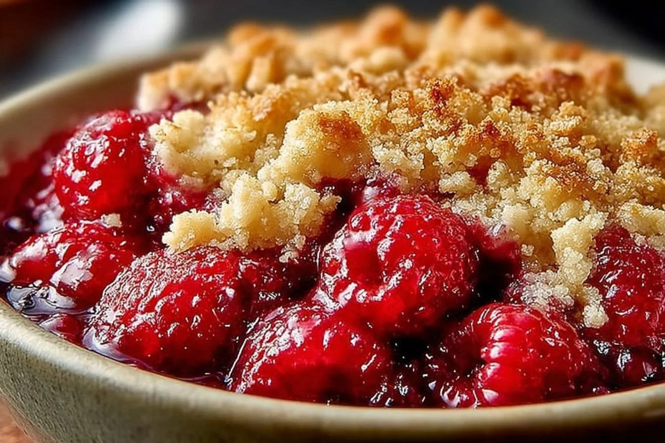Delicious raspberry crumble dessert topped with crispy crumble, served in a dish