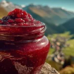 Homemade rhubarb butter jar with toast, showcasing vibrant color and texture.
