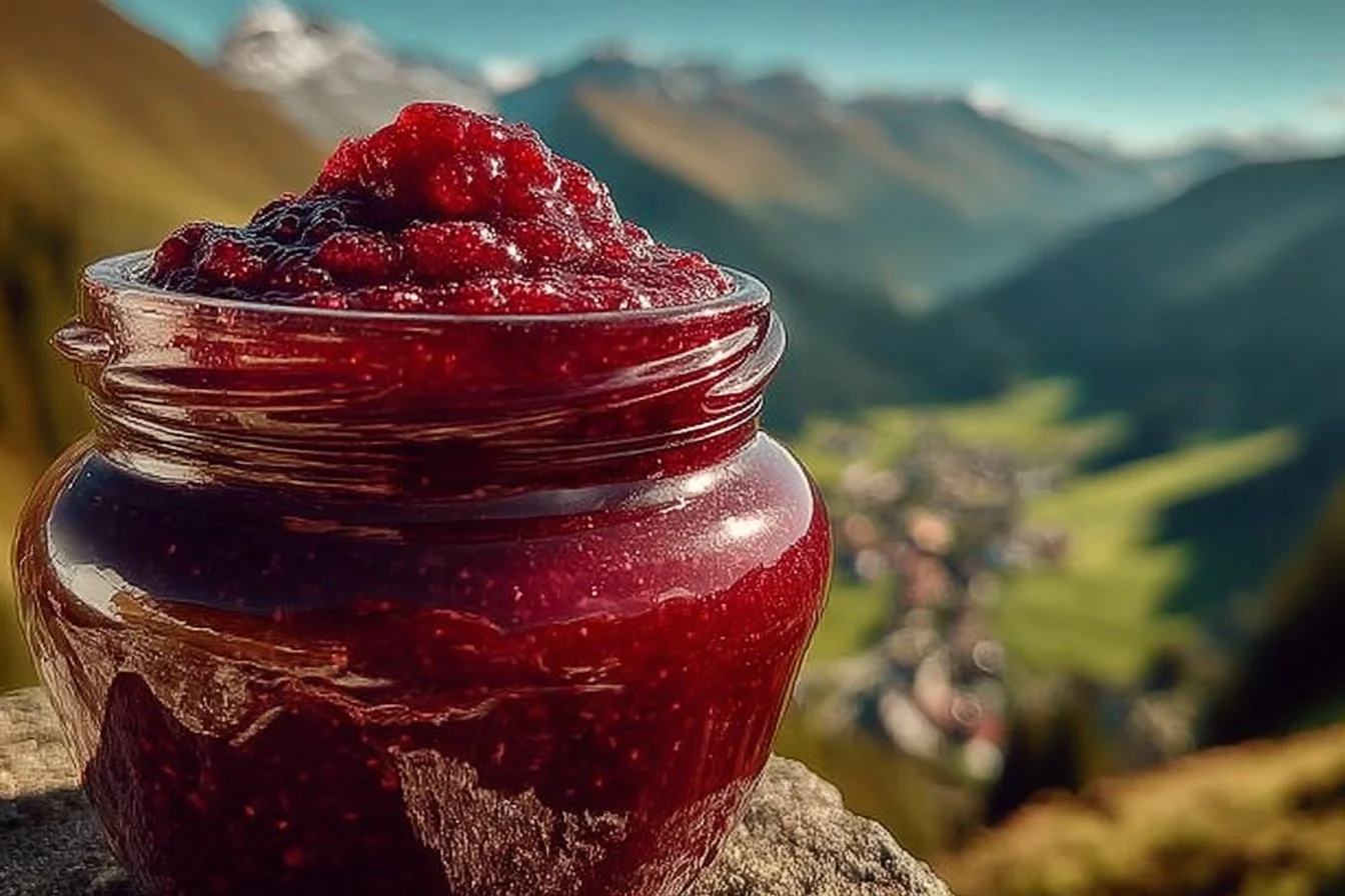Homemade rhubarb butter jar with toast, showcasing vibrant color and texture.