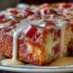Delicious rhubarb cake drizzled with rich butter sauce on a plate.