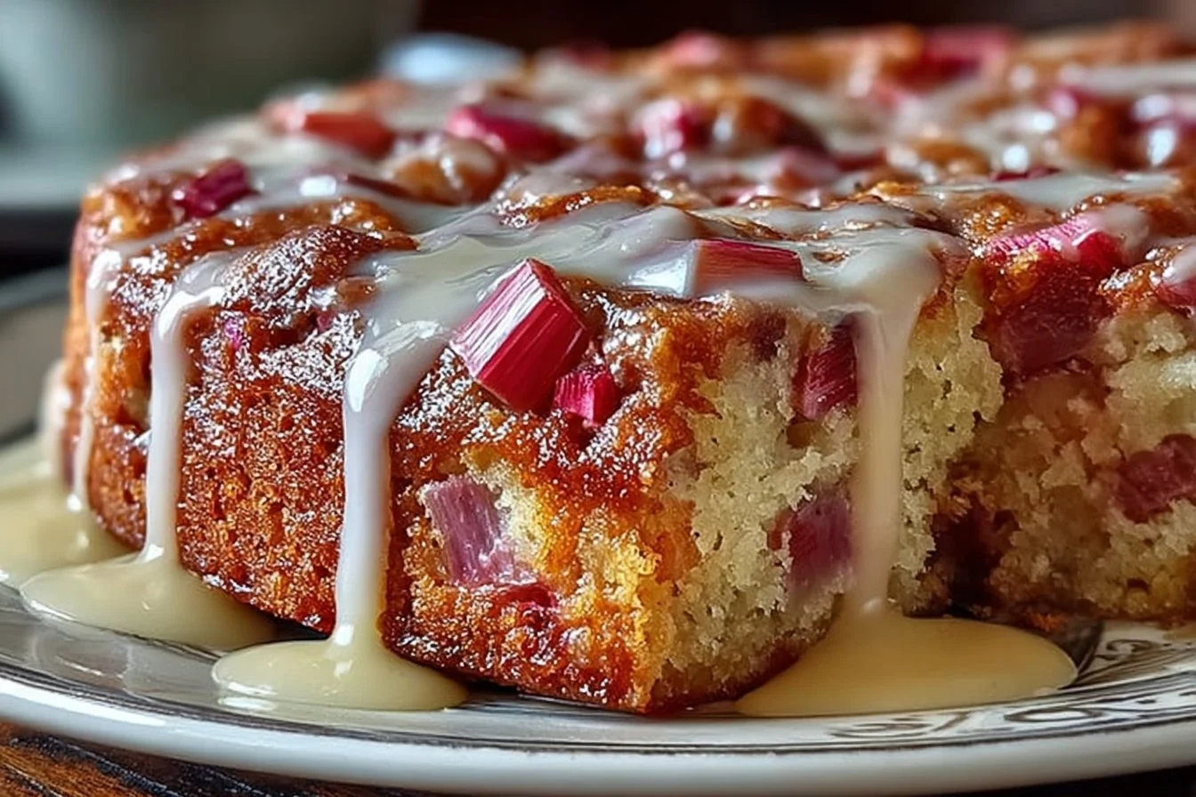 Delicious rhubarb cake drizzled with rich butter sauce on a plate.