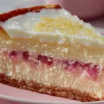 Delicious homemade rhubarb cheesecake topped with fresh rhubarb slices.