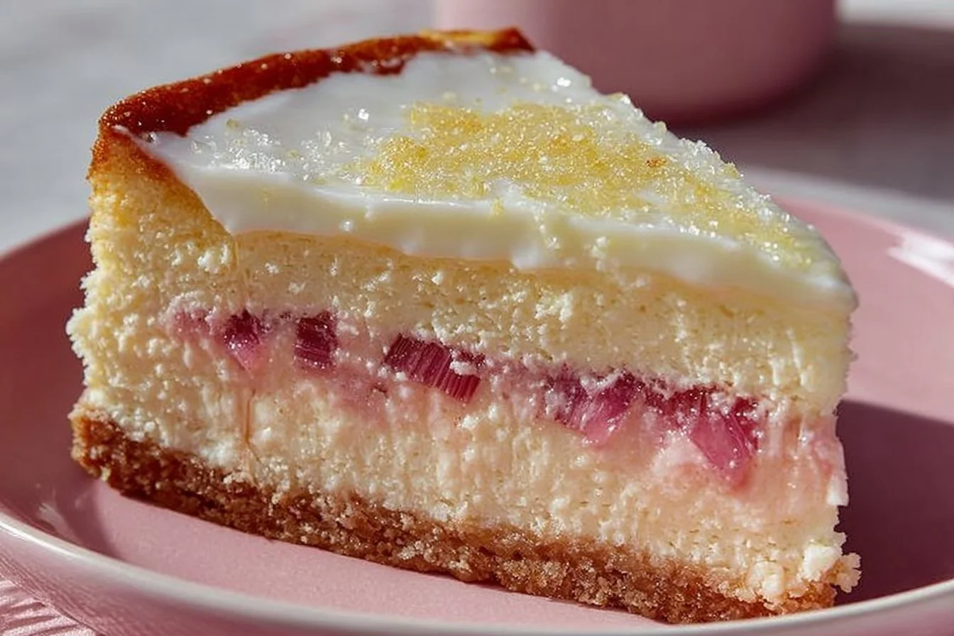 Delicious homemade rhubarb cheesecake topped with fresh rhubarb slices.