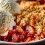 Delicious homemade Rhubarb Crisp dessert served in a bowl.