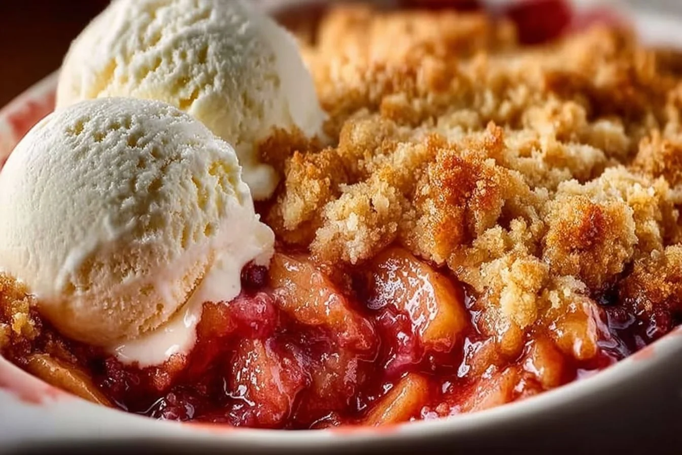 Delicious homemade Rhubarb Crisp dessert served in a bowl.