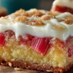 Delicious rhubarb custard bars fresh from the oven, topped with crumbs.