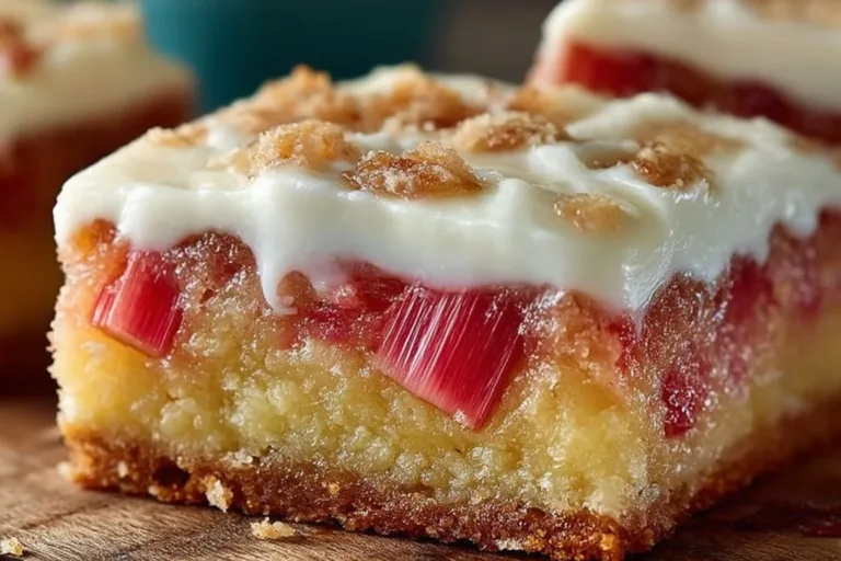 Delicious rhubarb custard bars fresh from the oven, topped with crumbs.