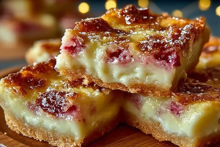 Delicious homemade rhubarb custard bars on a rustic wooden table