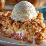 Slice of rhubarb custard pie on a plate with fork