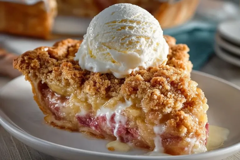 Slice of rhubarb custard pie on a plate with fork