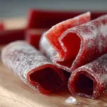Homemade rhubarb fruit leather, delicious and healthy snack option.