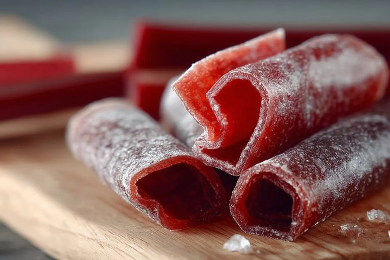 Homemade rhubarb fruit leather, delicious and healthy snack option.