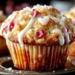 Homemade rhubarb muffins served on a wooden table