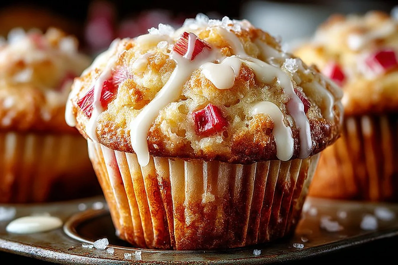 Homemade rhubarb muffins served on a wooden table