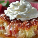 Delicious rhubarb pudding cake topped with fresh whipped cream