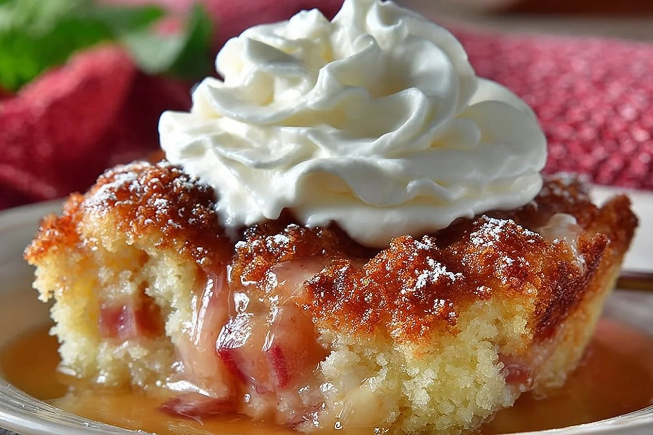 Delicious rhubarb pudding cake topped with fresh whipped cream