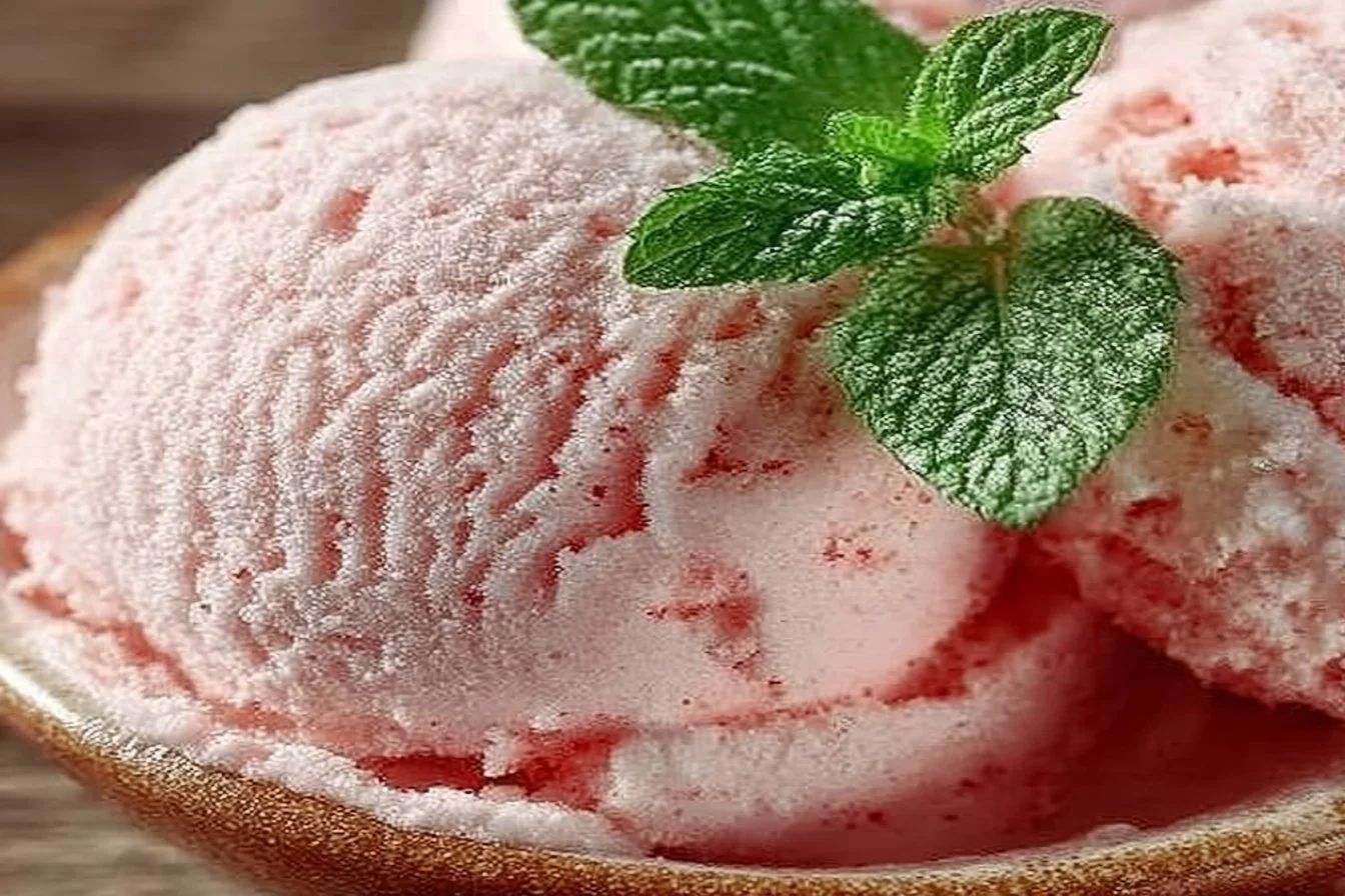 Delicious homemade rhubarb vanilla ice cream in a bowl, topped with fresh rhubarb.
