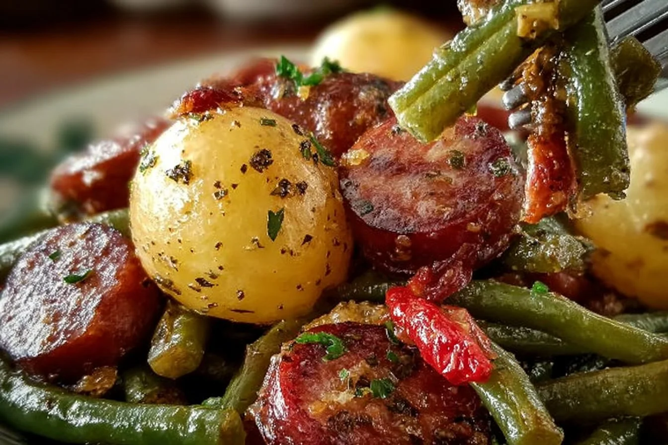 Sausage Green Bean Potato Casserole with golden potatoes and vibrant green beans