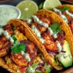 Shrimp tacos served with cilantro lime cream on a plate