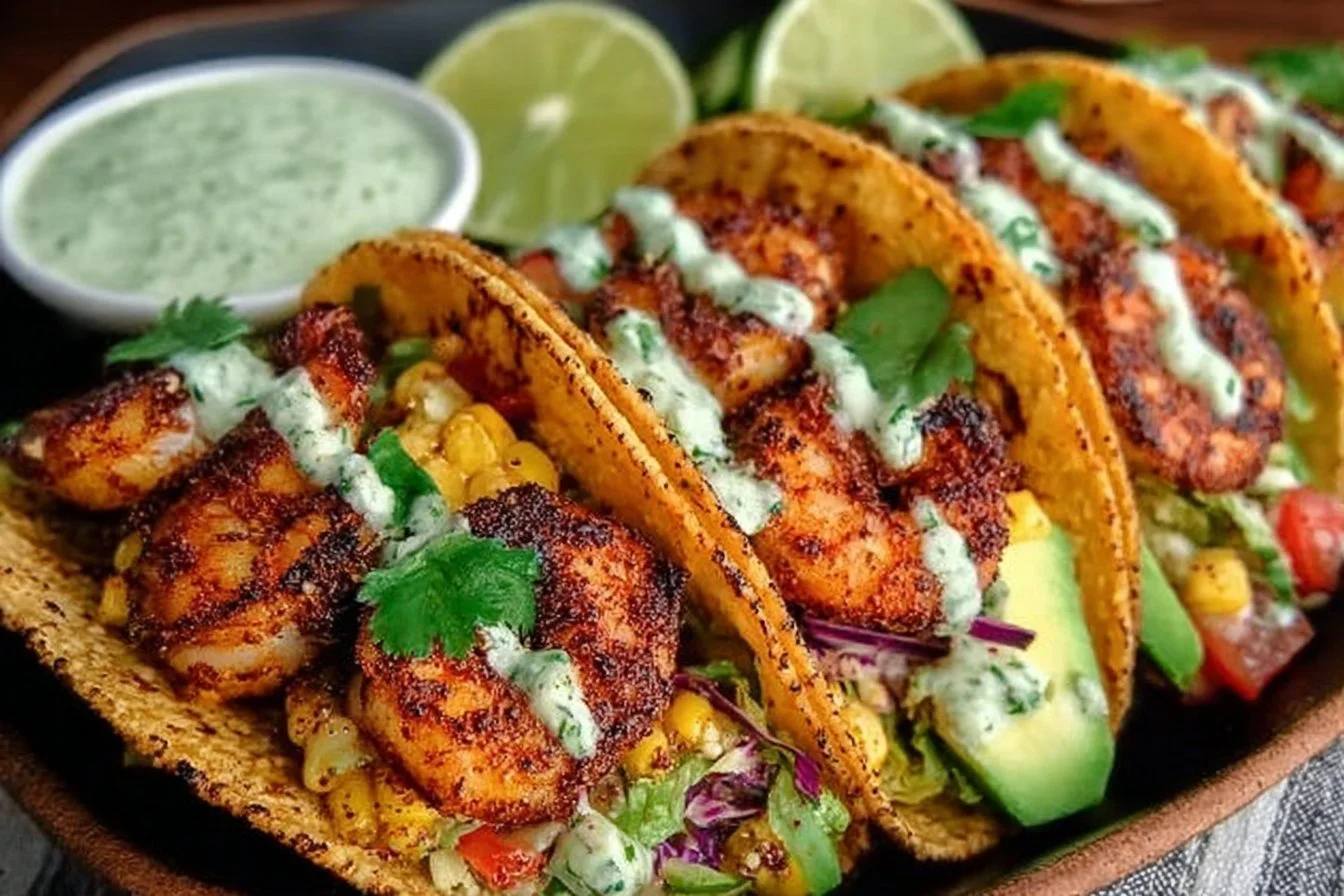 Shrimp tacos served with cilantro lime cream on a plate