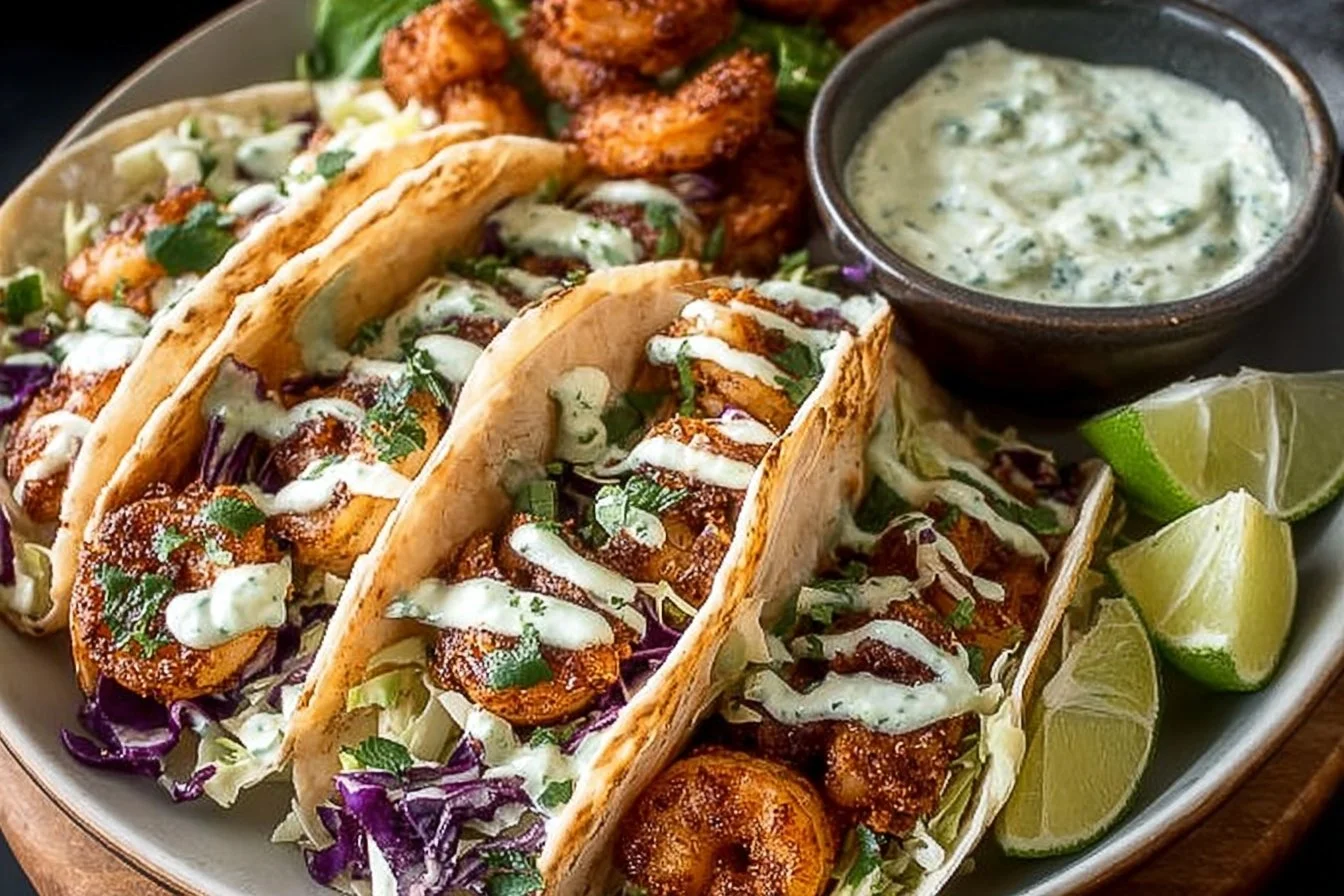 Shrimp tacos garnished with lime crema slaw on a wooden plate