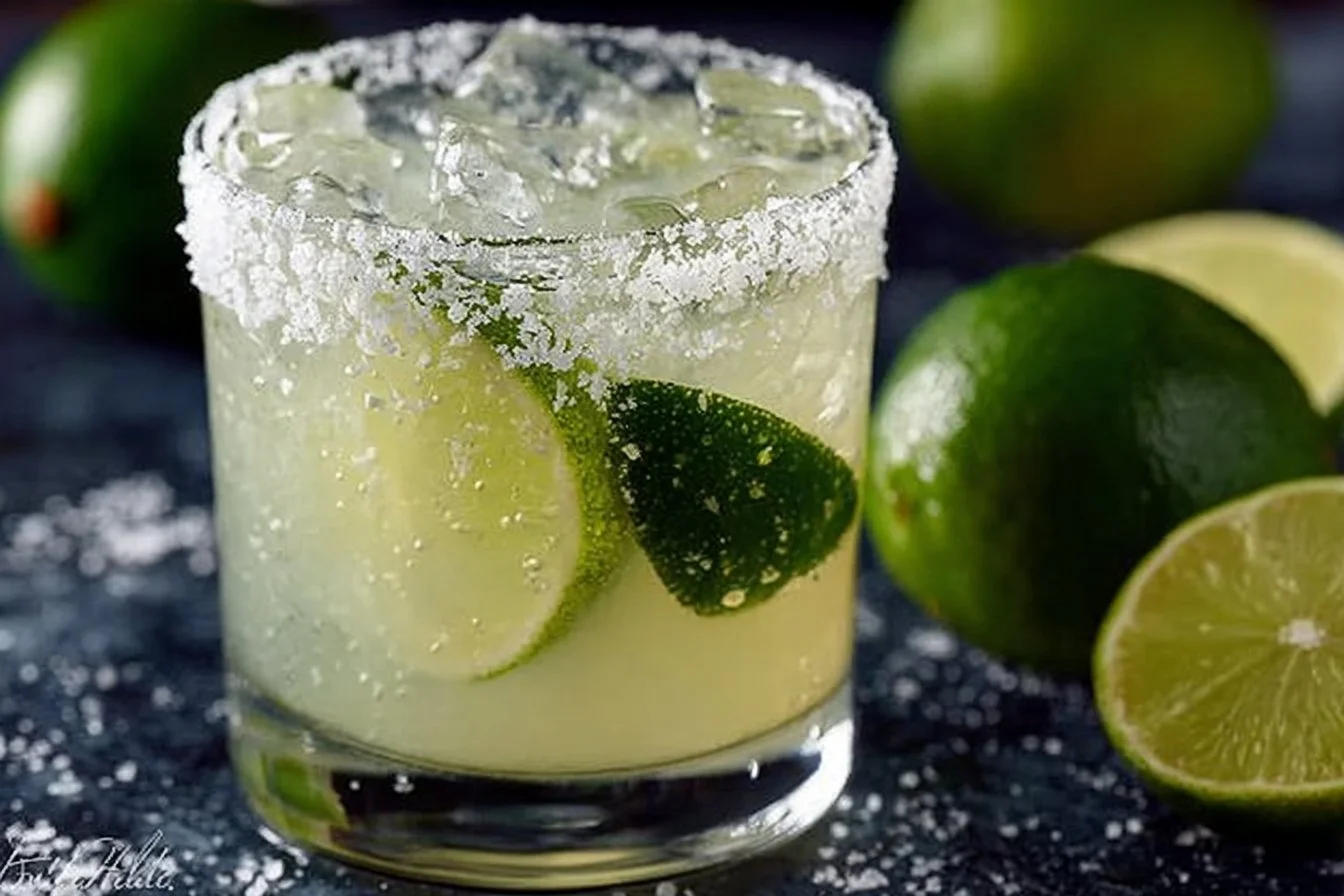 A refreshing simple margarita served in a salt-rimmed glass with lime garnish
