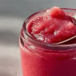 Homemade simple rhubarb butter spread on toast with fresh rhubarb