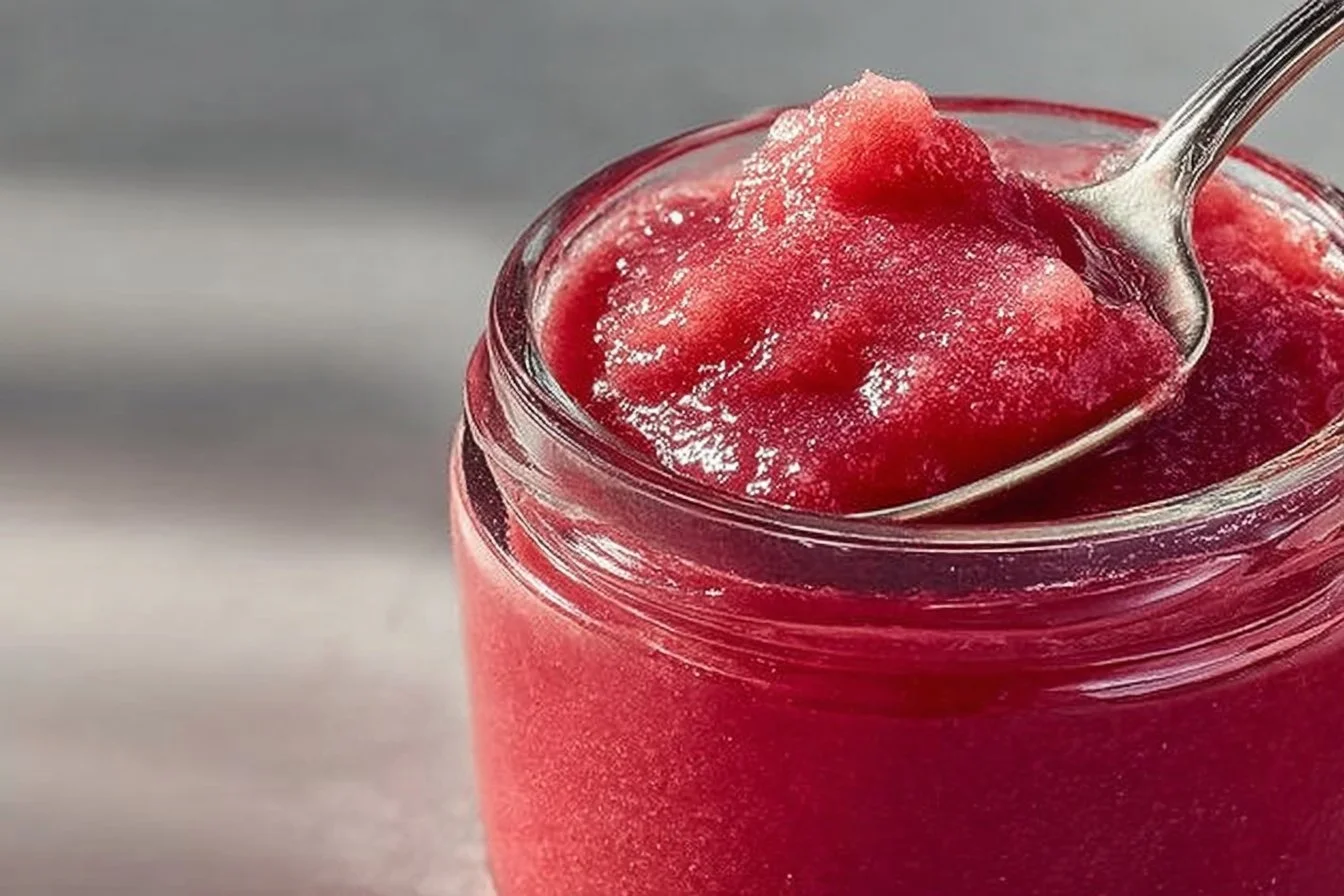 Homemade simple rhubarb butter spread on toast with fresh rhubarb