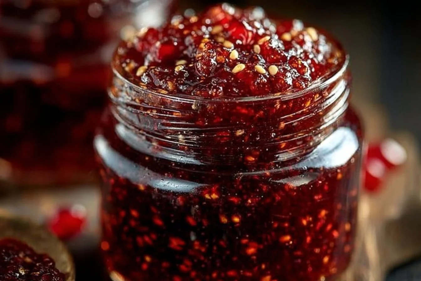 Homemade slow cooker rhubarb sweet chili jam in a glass jar