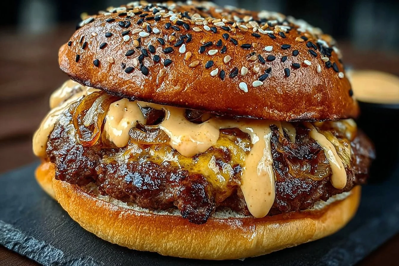 Delicious smash burgers with baconnaise sauce on a bun