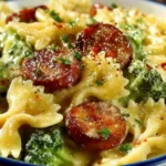 Delicious smoked sausage cheddar pasta served in a bowl with herbs