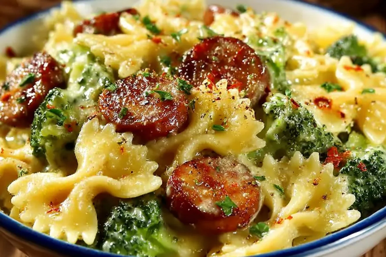 Delicious smoked sausage cheddar pasta served in a bowl with herbs