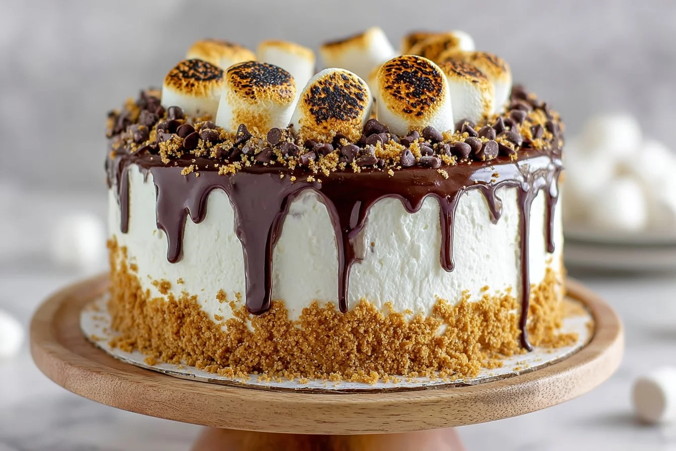 Slice of decadent Smores Chocolate Cake with chocolate frosting and graham cracker crumbs