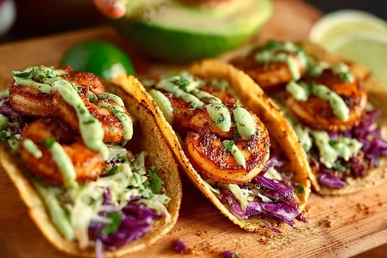 Delicious spicy shrimp tacos served with fresh toppings and lime wedges