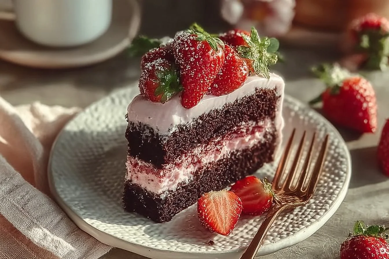Delicious Strawberry Chocolate Cake with fresh strawberries and chocolate frosting
