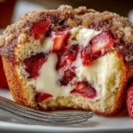 Freshly baked Strawberry Cream Cheese Muffins on a wooden table