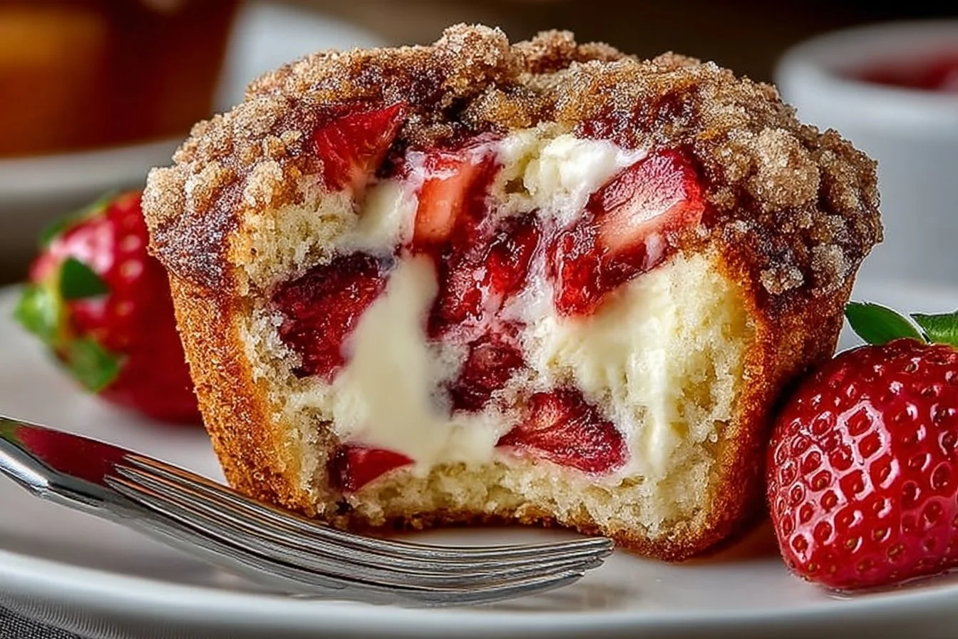 Freshly baked Strawberry Cream Cheese Muffins on a wooden table