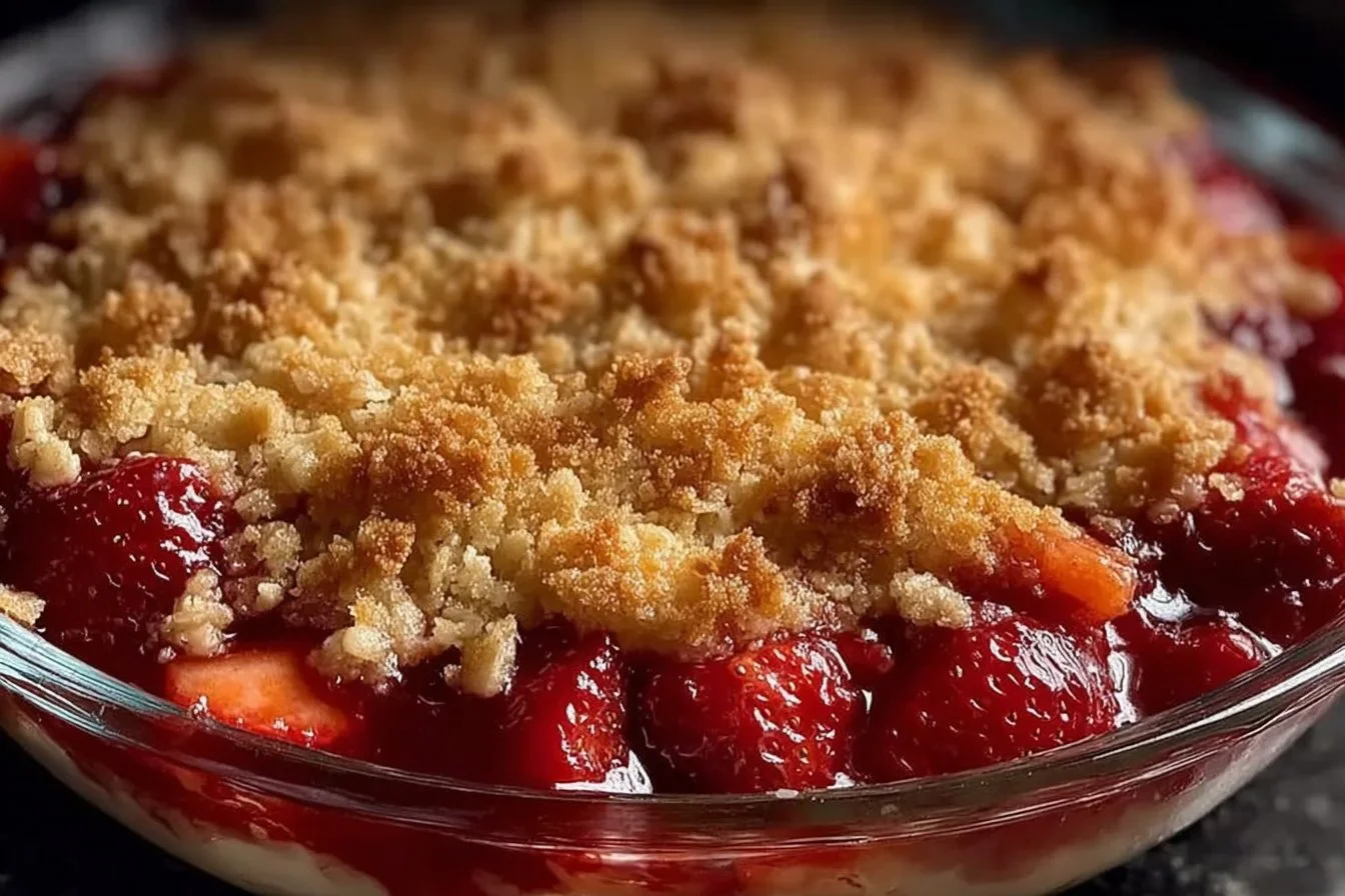 Delicious Strawberry Rhubarb Crisp served fresh from the oven