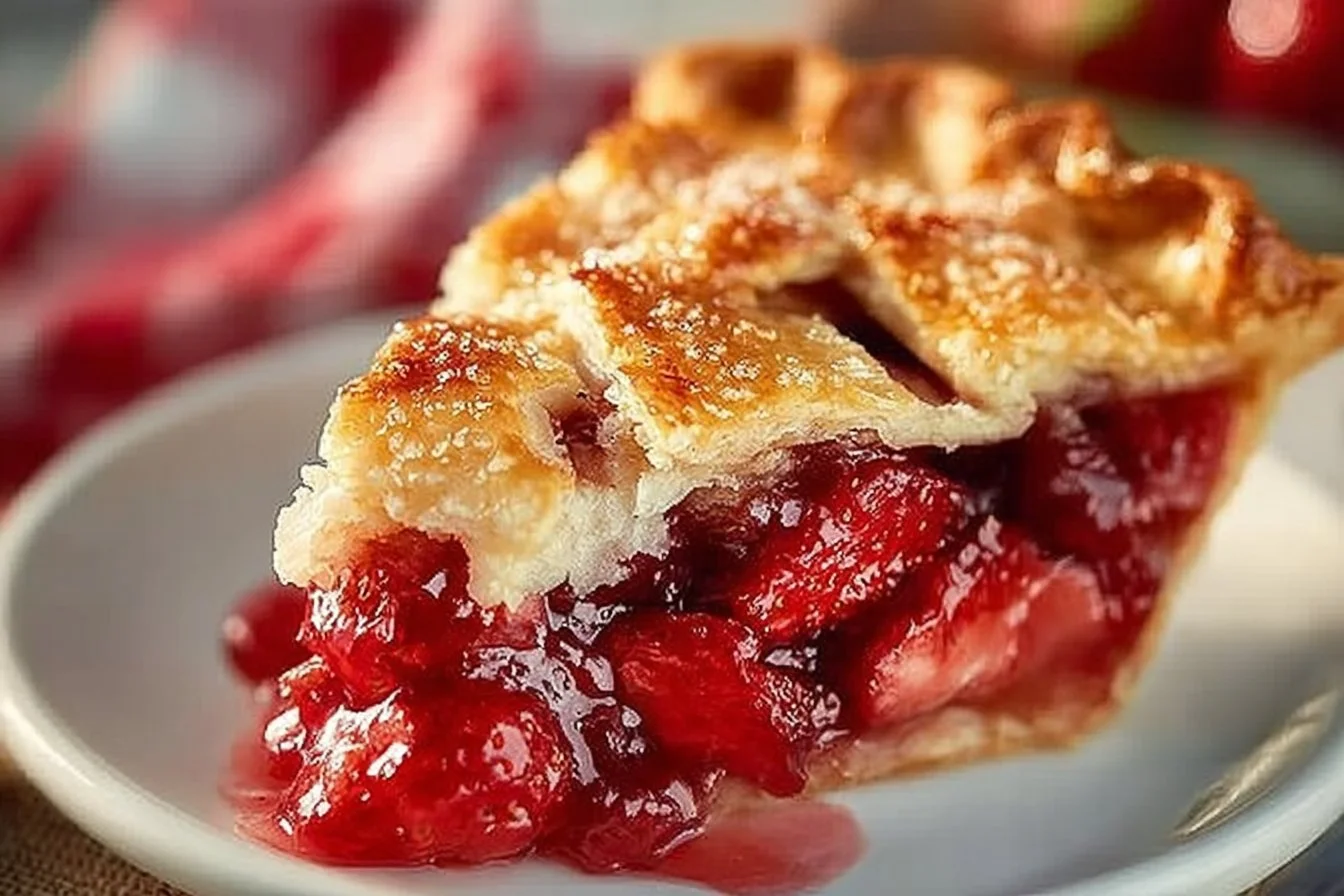 Freshly baked Strawberry Rhubarb Pie with a golden crust and vibrant filling.