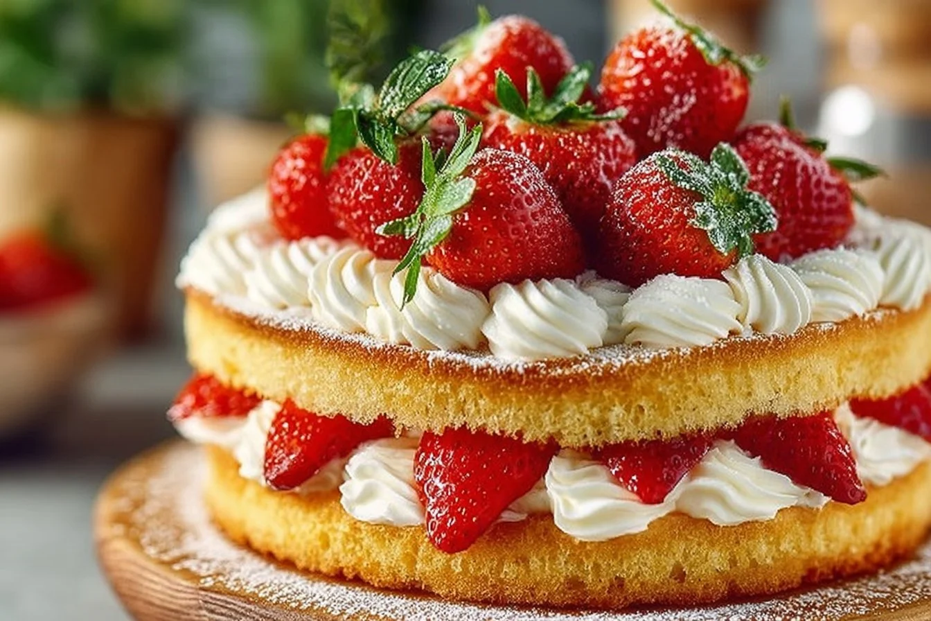 Delicious Strawberry Shortcake Cake layered with fresh strawberries and cream