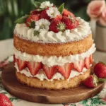 Delicious strawberry shortcake cake topped with fresh strawberries and cream.