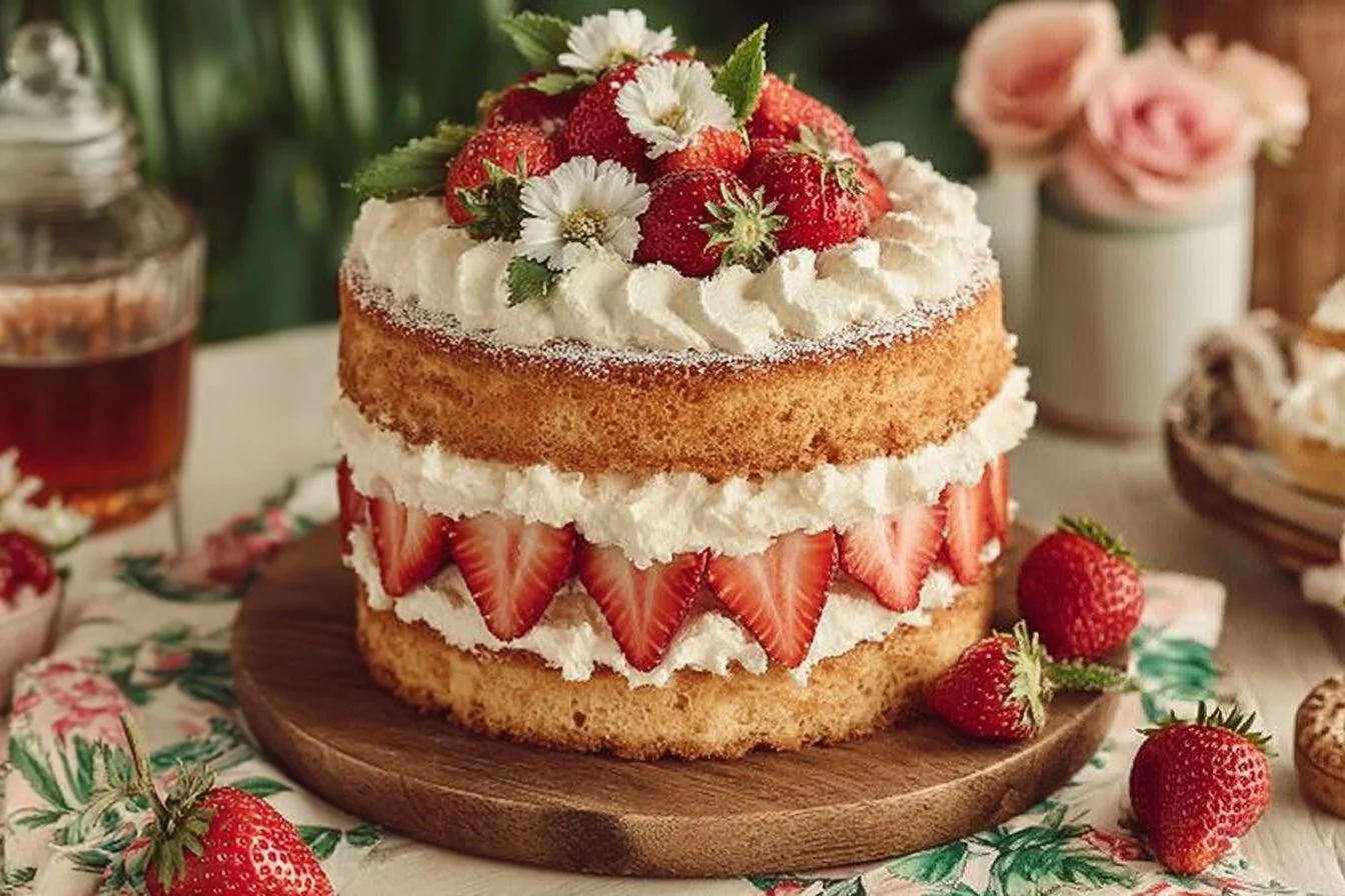 Delicious strawberry shortcake cake topped with fresh strawberries and cream.