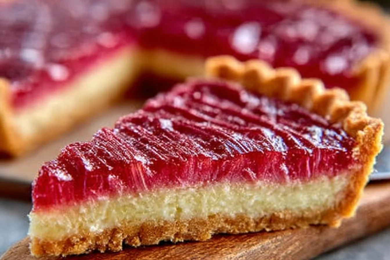 Deliciously baked rhubarb custard tart with a golden crust