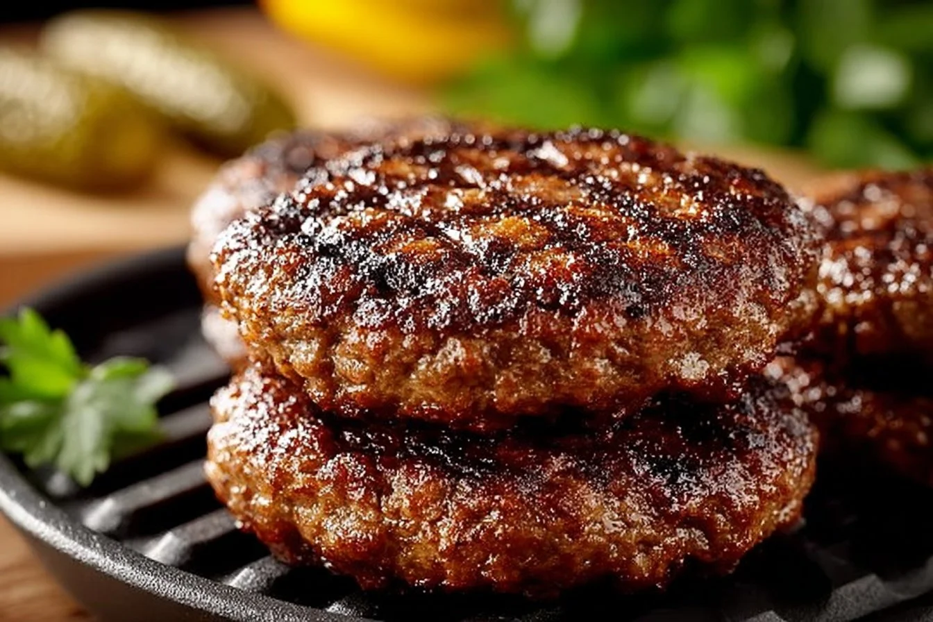 Delicious air fryer hamburger patties cooking in the air fryer.