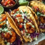 Delicious spicy shrimp tacos topped with fresh ingredients and served on a plate.