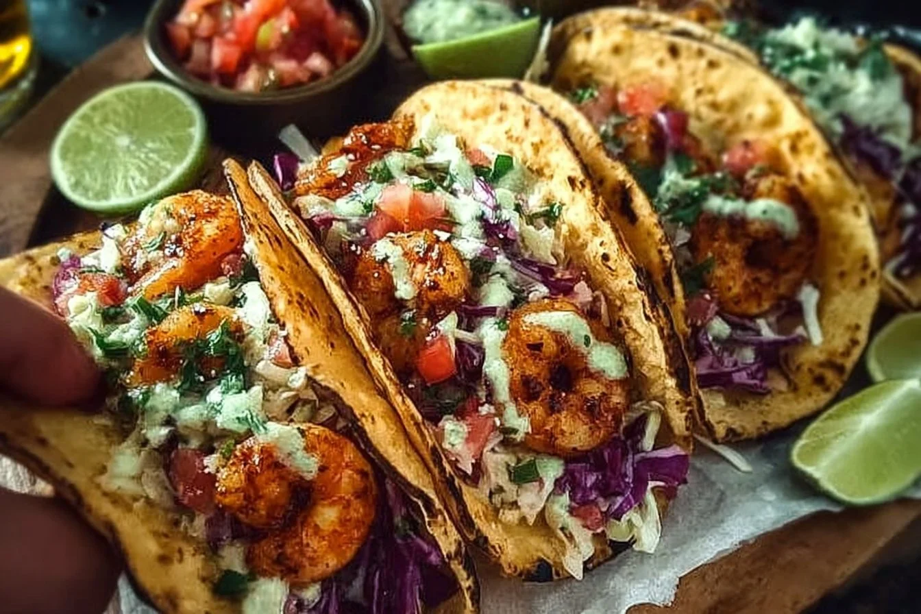 Delicious spicy shrimp tacos topped with fresh ingredients and served on a plate.