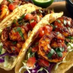 Delicious spicy shrimp tacos garnished with fresh ingredients