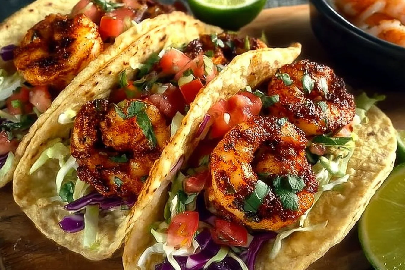 Delicious spicy shrimp tacos garnished with fresh ingredients