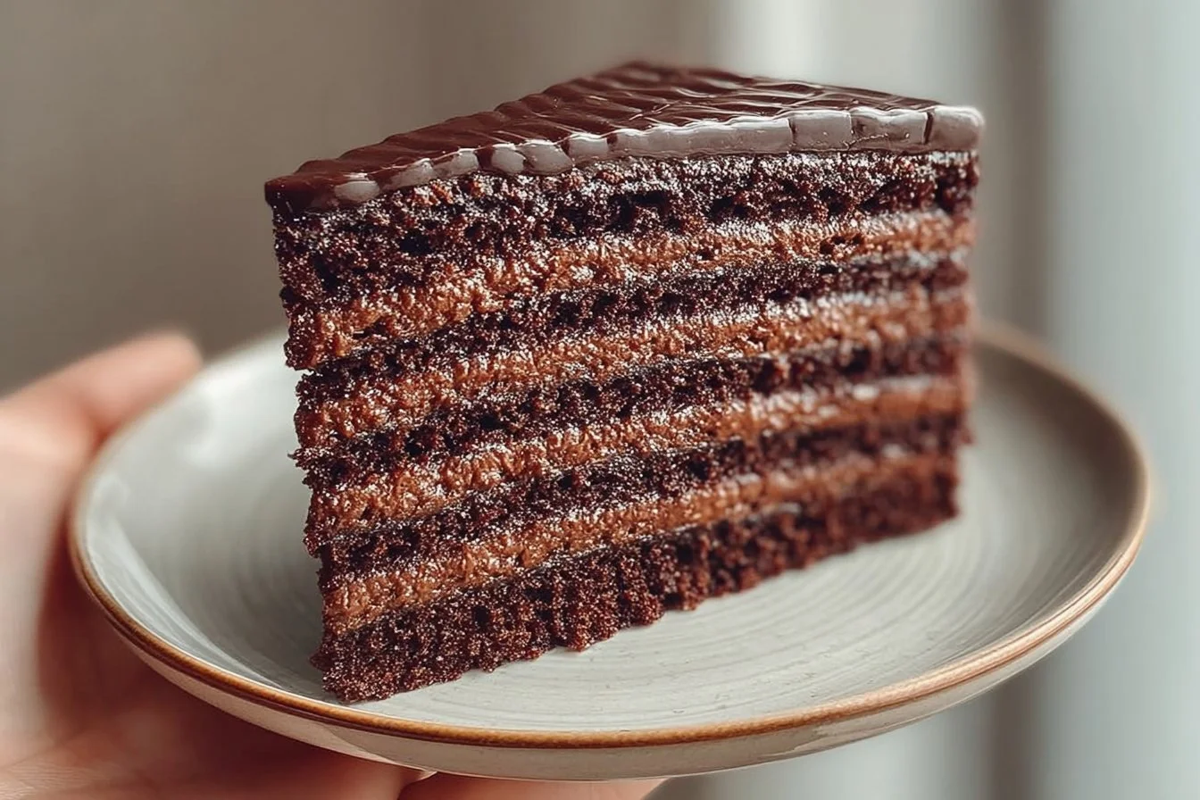 Triple Chocolate Layer Cake showcasing rich layers of chocolate cake and frosting.