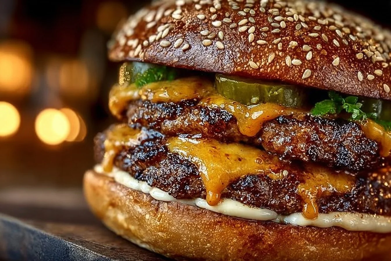 Delicious ultimate smash burger with toppings on a wooden board